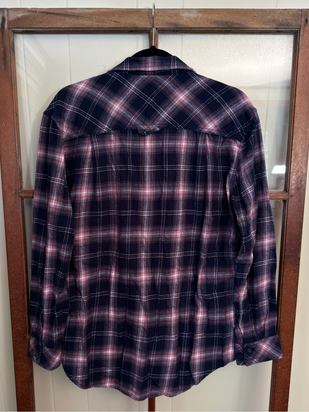 TNA by Aritzia Soft Oversized Plaid Flannel Button Up Shirt Navy Pink Purple Med - Picture 5 of 6